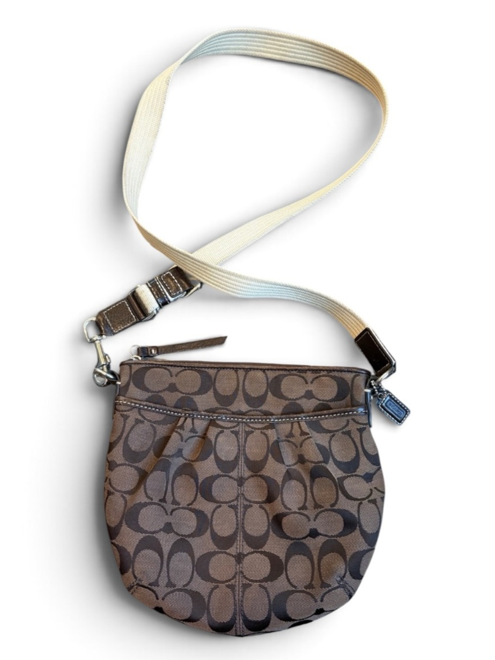 Coach Soho Chocolate Brown Signature Jacquard Crossbody Bag Cream Strap